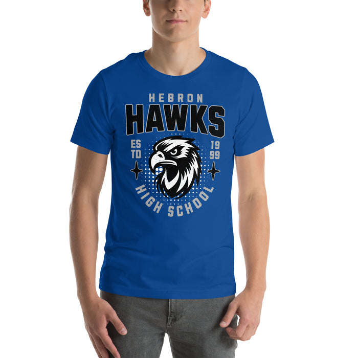 Man wearing Hebron High School Hawks Royal Blue Premium Unisex T-shirt 204