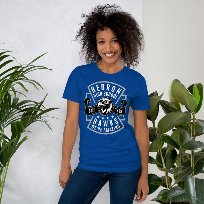 Woman wearing Hebron High School Hawks Royal Blue Premium Unisex T-shirt 207