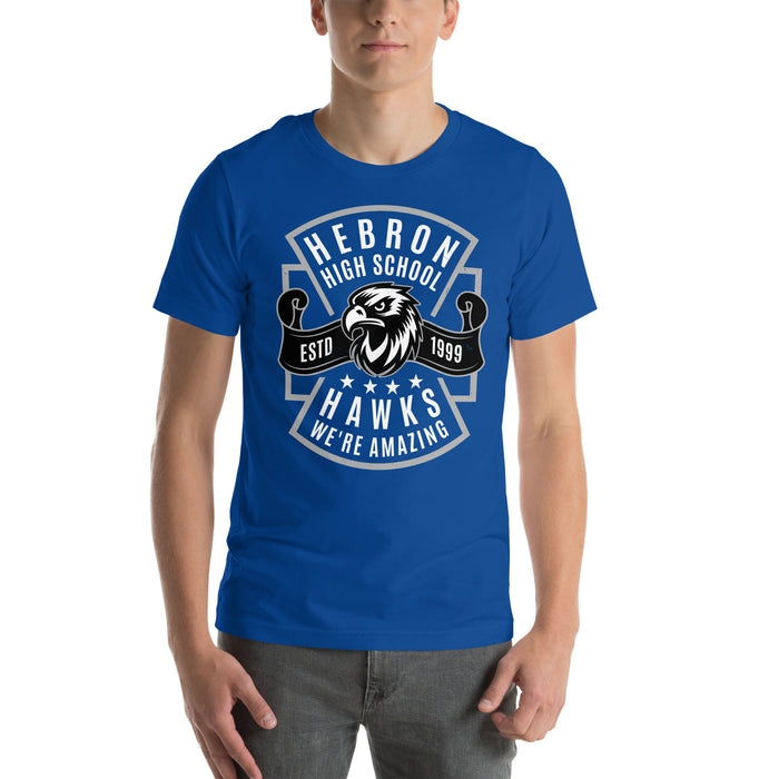 Man wearing Hebron High School Hawks Royal Blue Premium Unisex T-shirt 207