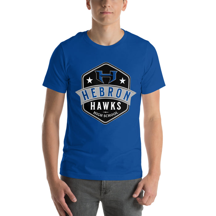 Student wearing Hebron High School Hawks Royal Blue Premium Unisex T-shirt 209