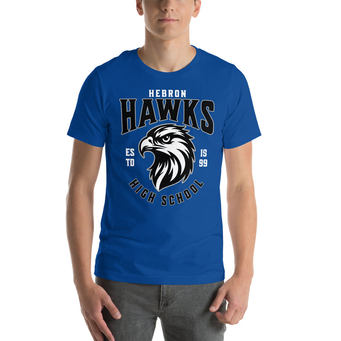 Student wearing Hebron High School Hawks Royal Blue Premium Unisex T-shirt 213