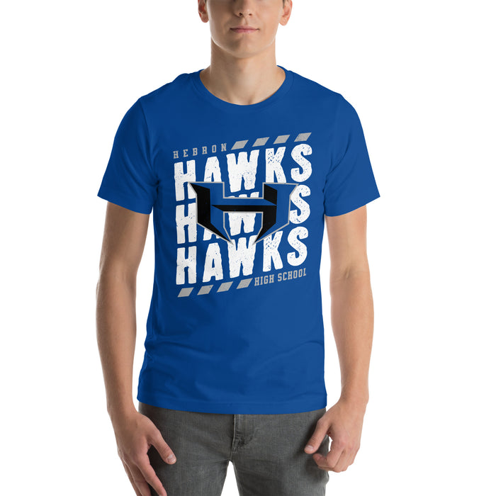 Student wearing Hebron High School Hawks Royal Blue Premium Unisex T-shirt 223