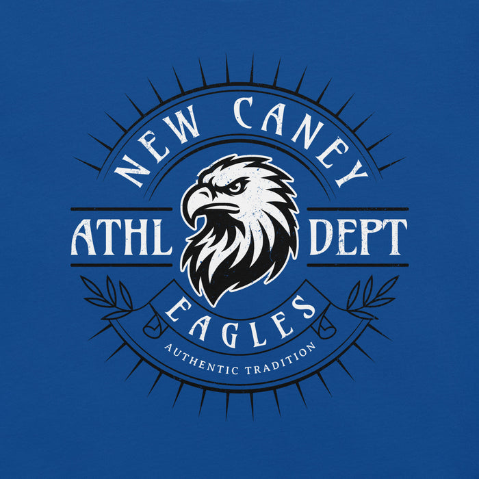 Close-up view of New Caney High School Eagles Royal Blue Premium Unisex T-shirt 201