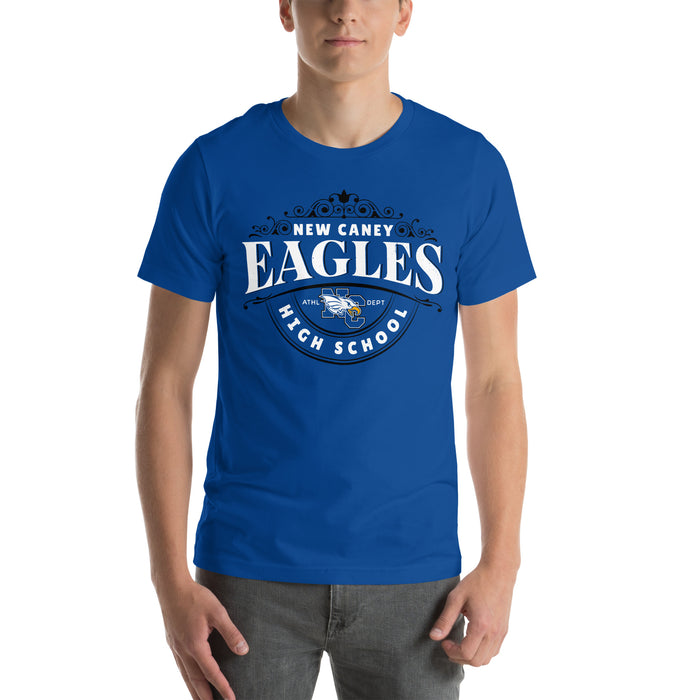 Man wearing New Caney High School Eagles Royal Blue Premium Unisex T-shirt 211