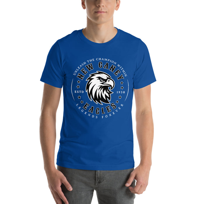 Man wearing New Caney High School Eagles Royal Blue Premium Unisex T-shirt 214