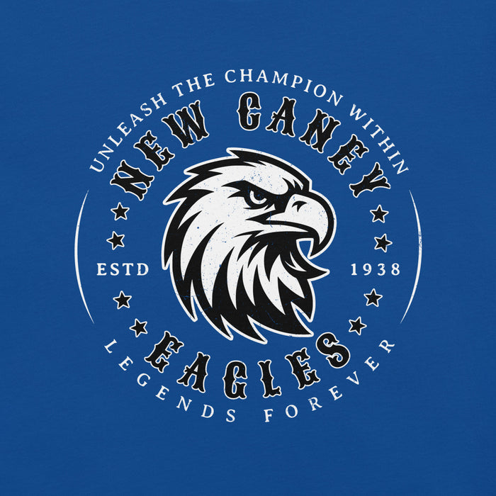 Close-up view of New Caney High School Eagles Royal Blue Premium Unisex T-shirt 214