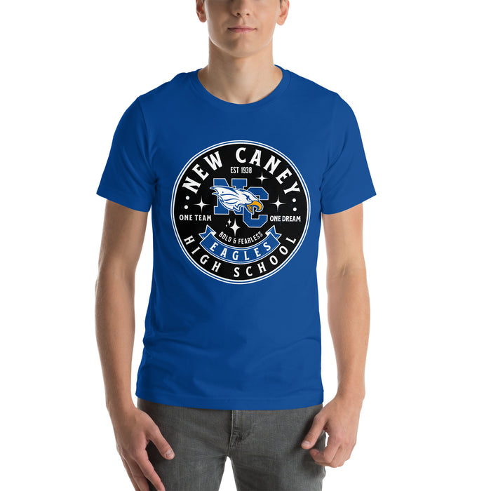 Man wearing New Caney High School Eagles Royal Blue Premium Unisex T-shirt 215