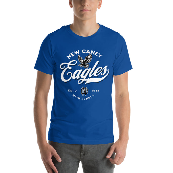 Man wearing New Caney High School Eagles Royal Blue Premium Unisex T-shirt 226