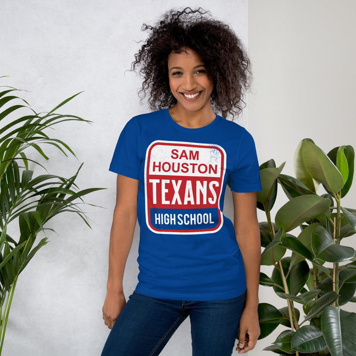 Woman wearing Sam Houston High School Texans Royal Blue Premium Unisex T-shirt 001