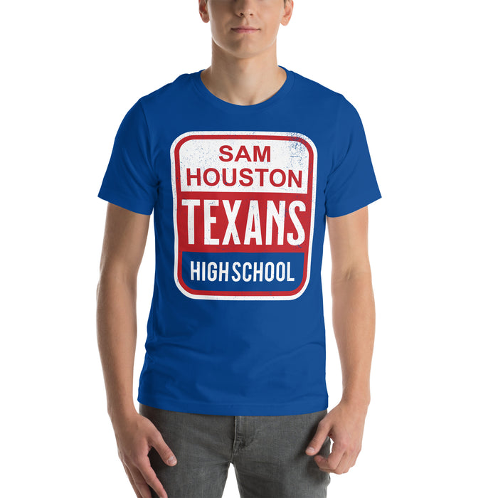 Man wearing Sam Houston High School Texans Royal Blue Premium Unisex T-shirt 001