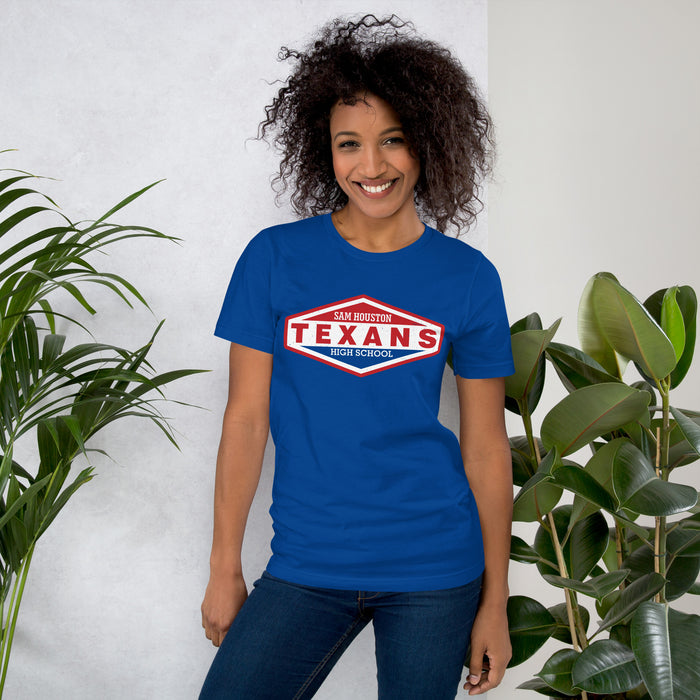 Woman wearing Sam Houston High School Texans Royal Blue Premium Unisex T-shirt 009