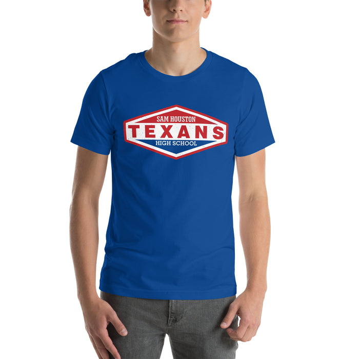 Man wearing Sam Houston High School Texans Royal Blue Premium Unisex T-shirt 009