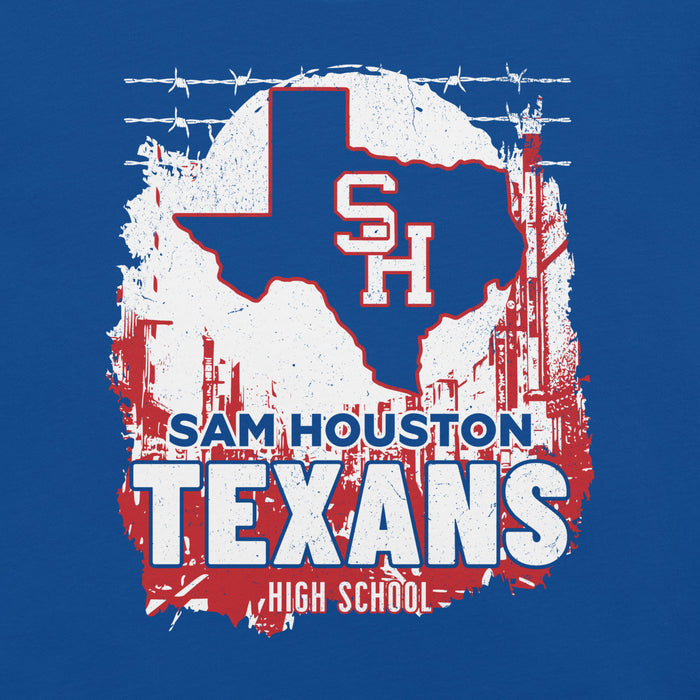 Close-up view of Sam Houston High School Texans Royal Blue Premium Unisex T-shirt 202