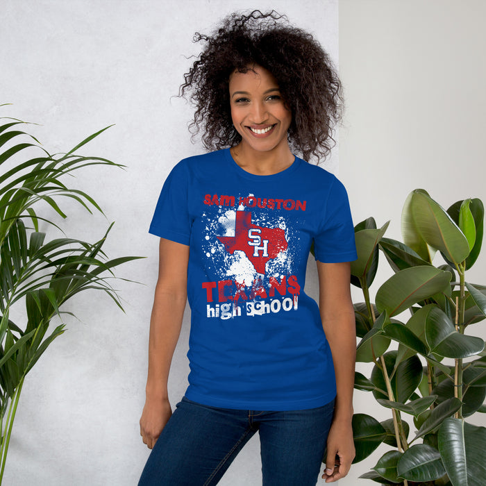 Woman wearing Sam Houston High School Texans Royal Blue Premium Unisex T-shirt 205