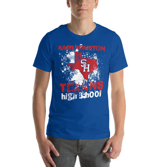 Man wearing Sam Houston High School Texans Royal Blue Premium Unisex T-shirt 205