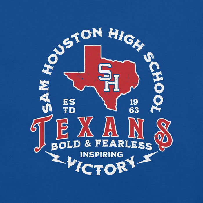 Close-up view of Sam Houston High School Texans Royal Blue Premium Unisex T-shirt 206