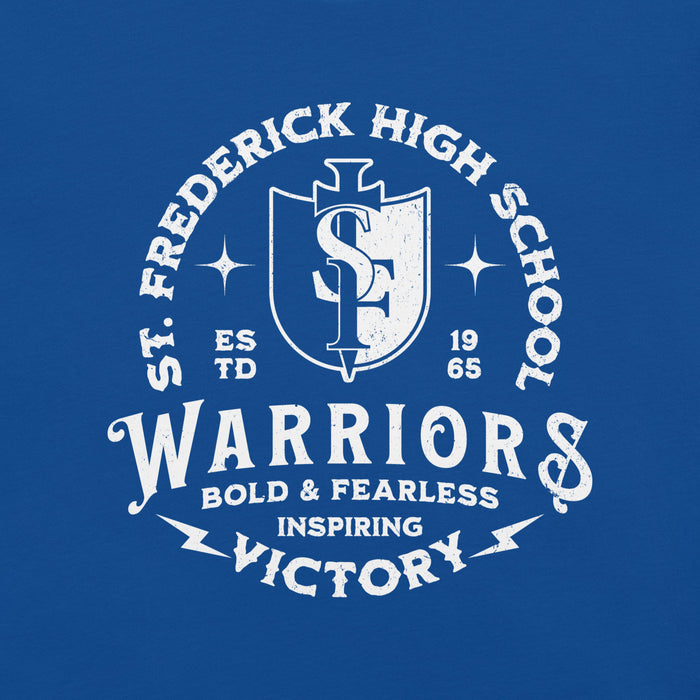 Close-up view of St. Frederick High School Warriors Royal Blue Premium Unisex T-shirt 206