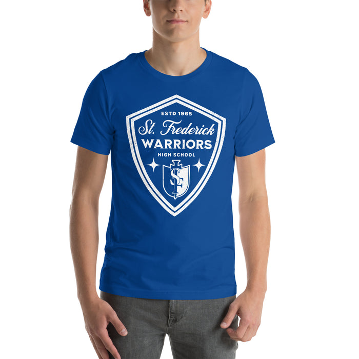 Student wearing St. Frederick High School Warriors Royal Blue Premium Unisex T-shirt 225