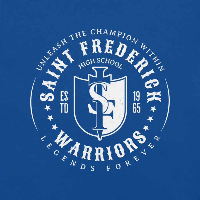 Close-up view of St. Frederick High School Warriors Royal Blue Premium Unisex T-shirt 214