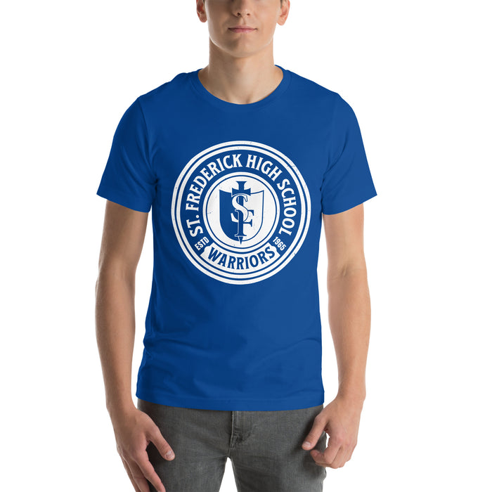 Student wearing St. Frederick High School Warriors Royal Blue Premium Unisex T-shirt 220