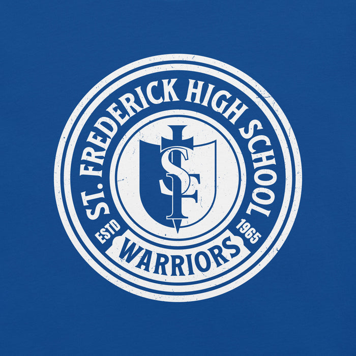 Close-up view of St. Frederick High School Warriors Royal Blue Premium Unisex T-shirt 220