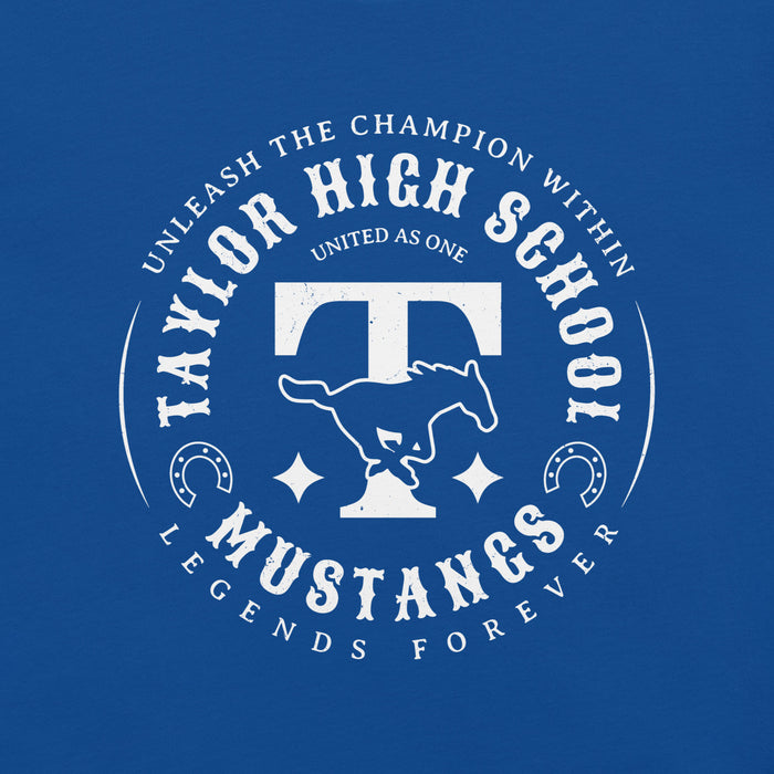 Close-up view of Taylor High School Mustangs Royal Blue Premium Unisex T-shirt 214