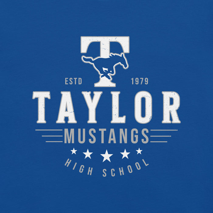 Close-up view of Taylor High School Mustangs Royal Blue Premium Unisex T-shirt 217