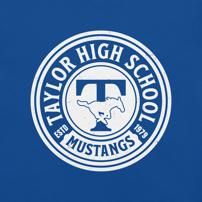 Close-up view of Taylor High School Mustangs Royal Blue Premium Unisex T-shirt 220