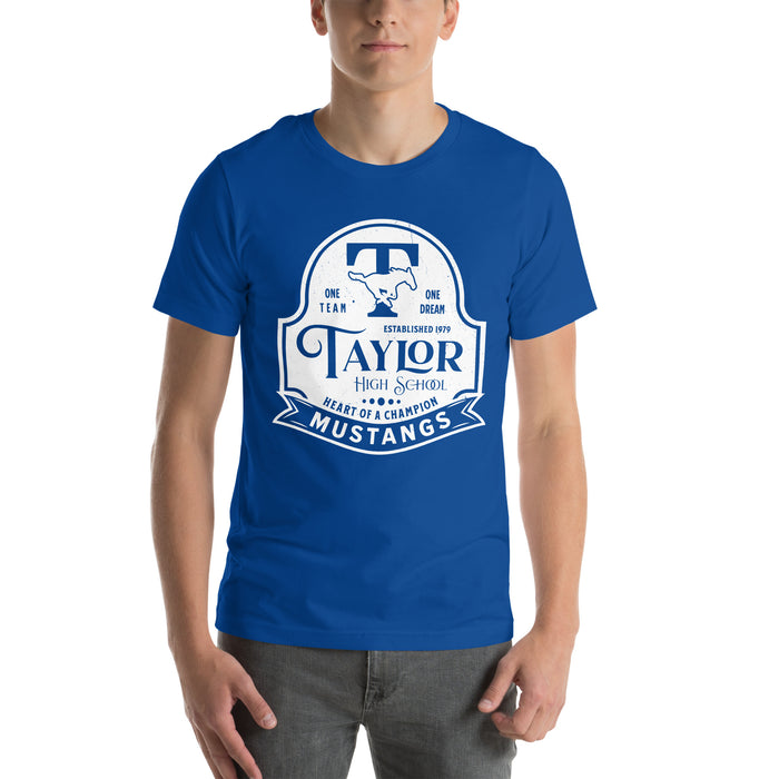 Man wearing Taylor High School Mustangs Royal Blue Premium Unisex T-shirt 219