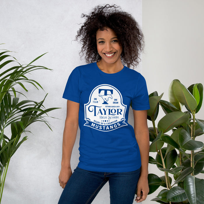 Woman wearing Taylor High School Mustangs Royal Blue Premium Unisex T-shirt 219