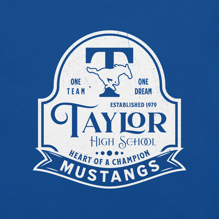 Close-up view of Taylor High School Mustangs Royal Blue Premium Unisex T-shirt 219