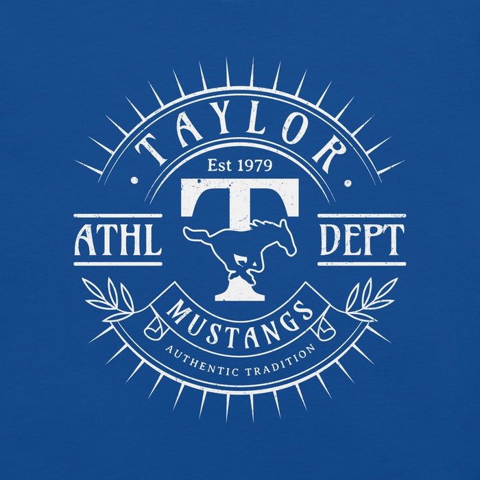 Close-up view of Taylor High School Mustangs Royal Blue Premium Unisex T-shirt 201