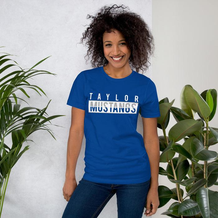 Woman wearing Taylor High School Mustangs Royal Blue Premium Unisex T-shirt 031