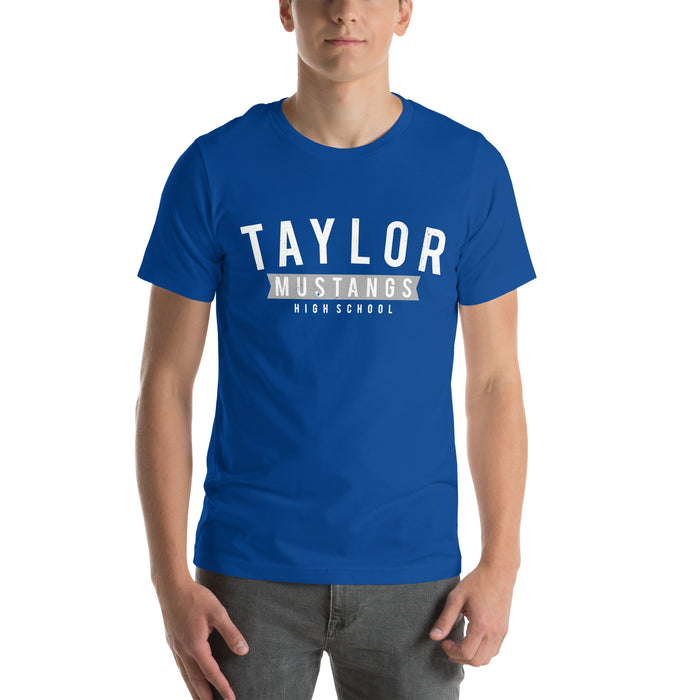 Man wearing Taylor High School Mustangs Royal Blue Premium Unisex T-shirt 021