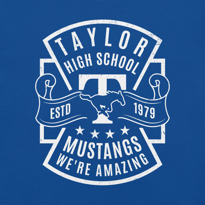 Close-up view of Taylor High School Mustangs Royal Blue Premium Unisex T-shirt 207