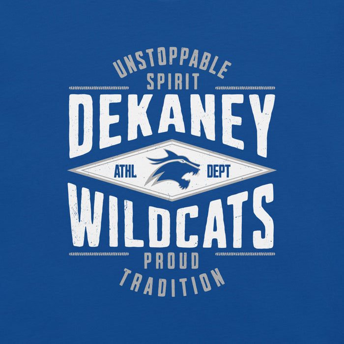 Close-up view of Dekaney High School Wildcats Royal Blue Premium Unisex T-shirt 210