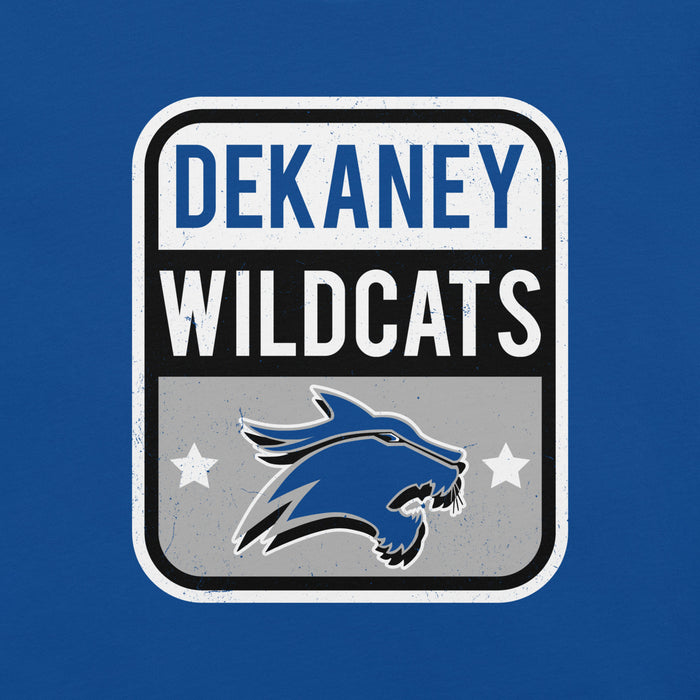 Close-up view of Dekaney High School Wildcats Royal Blue Premium Unisex T-shirt 001