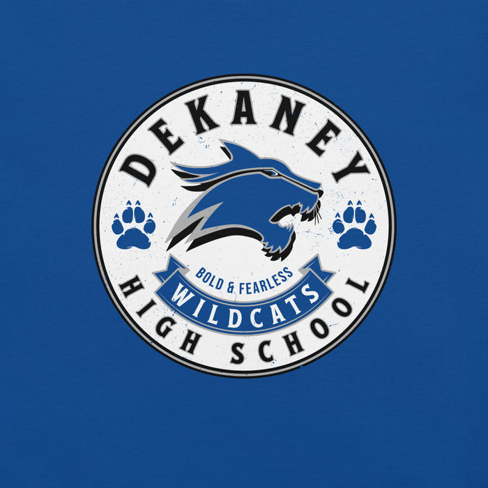 Close-up view of Dekaney High School Wildcats Royal Blue Premium Unisex T-shirt 215