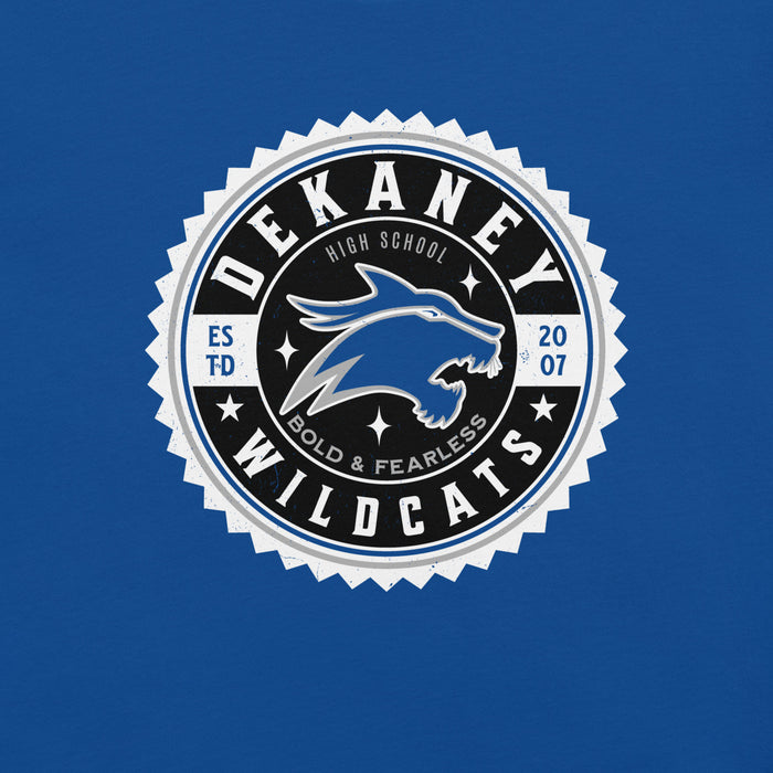 Close-up view of Dekaney High School Wildcats Royal Blue Premium Unisex T-shirt 203