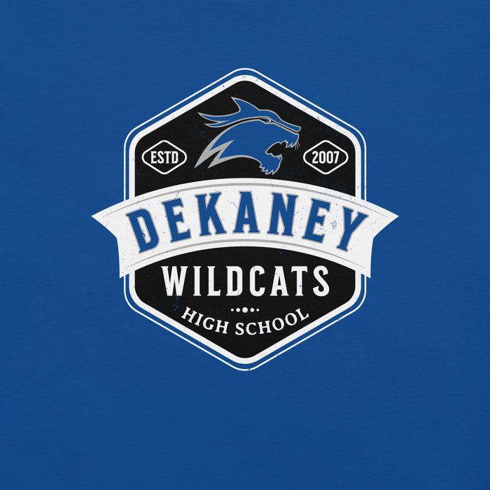 Close-up view of Dekaney High School Wildcats Royal Blue Premium Unisex T-shirt 209