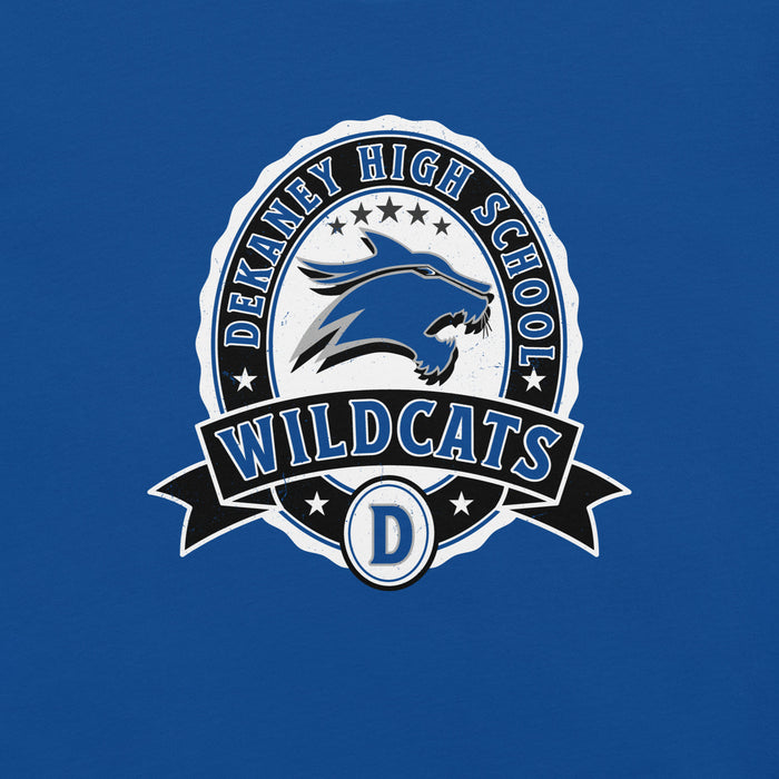 Close-up view of Dekaney High School Wildcats Royal Blue Premium Unisex T-shirt 212