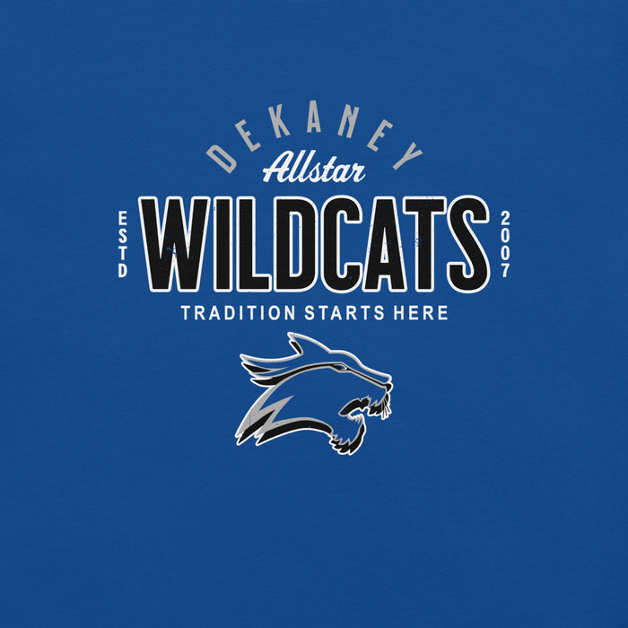 Close-up view of Dekaney High School Wildcats Royal Blue Premium Unisex T-shirt 040