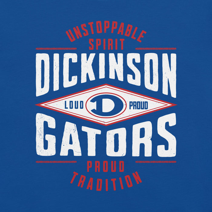 Close-up view of Dickinson High School Gators Royal Blue Premium Unisex t-shirt 210
