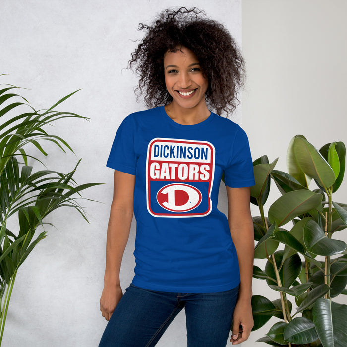 Woman wearing Dickinson High School Gators Royal Blue Premium Unisex t-shirt 001