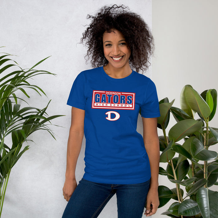 Woman wearing Dickinson High School Gators Royal Blue Premium Unisex t-shirt 049