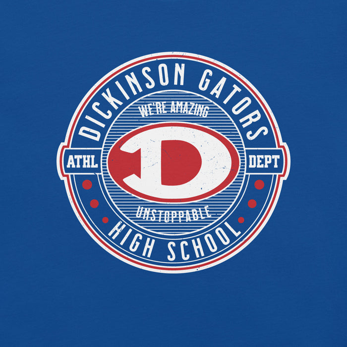 Close-up view of Dickinson High School Gators Royal Blue Premium Unisex t-shirt 224