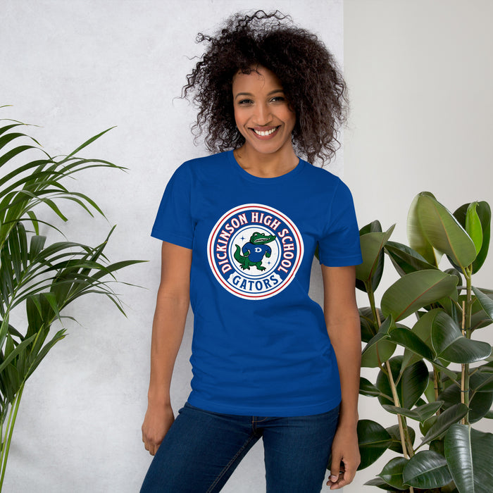 Woman wearing Dickinson High School Gators Royal Blue Premium Unisex t-shirt 220