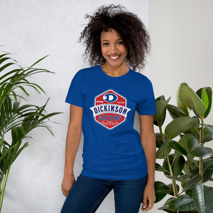 Woman wearing Dickinson High School Gators Royal Blue Premium Unisex t-shirt 209