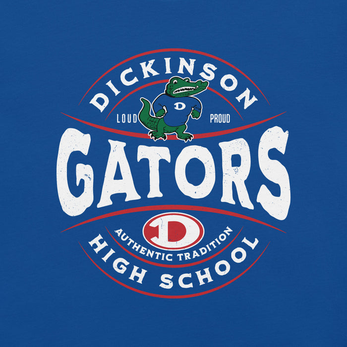 Close-up view of Dickinson High School Gators Royal Blue Premium Unisex t-shirt 218