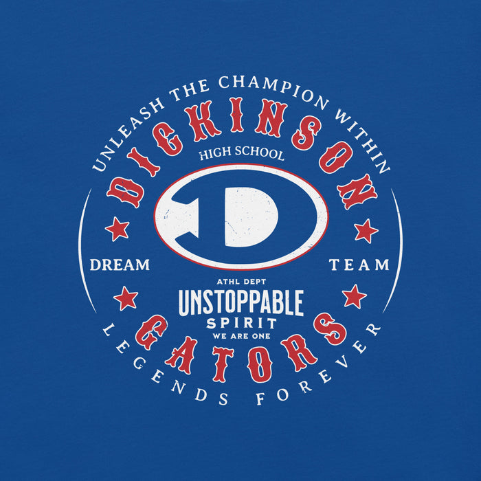 Close-up view of Dickinson High School Gators Royal Blue Premium Unisex t-shirt 214